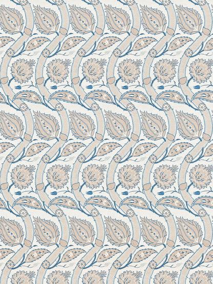 Seamless blue and cream damask floral pattern with curling vines and rounded blossoms.