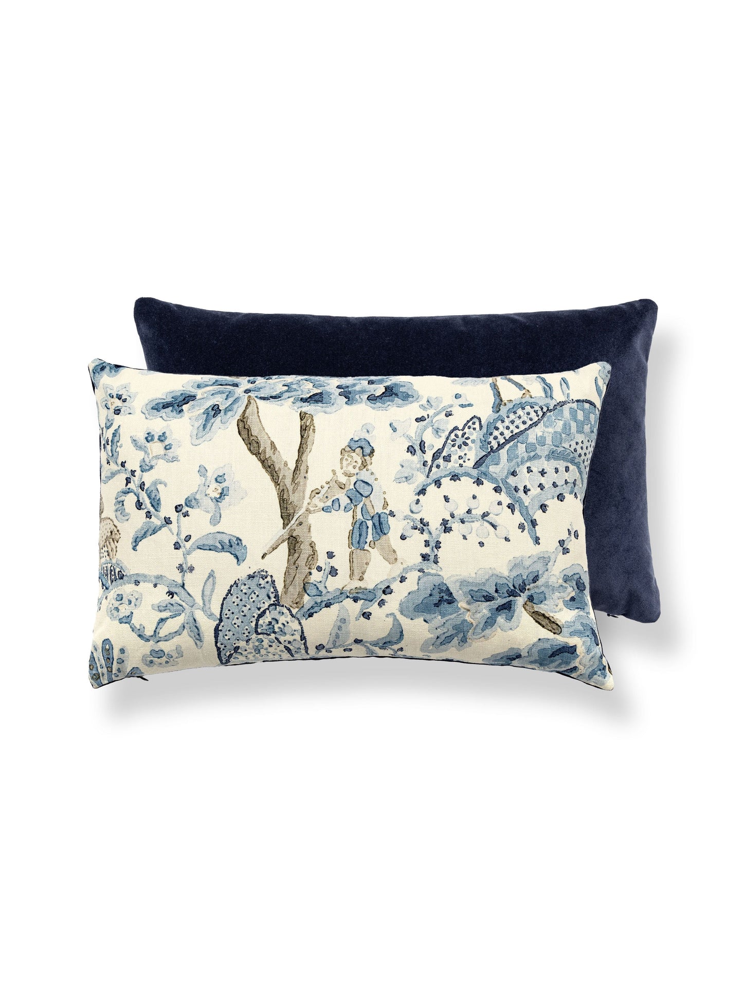 Two lumbar decorative pillows: ivory-blue toile print on the front with a solid navy backing.