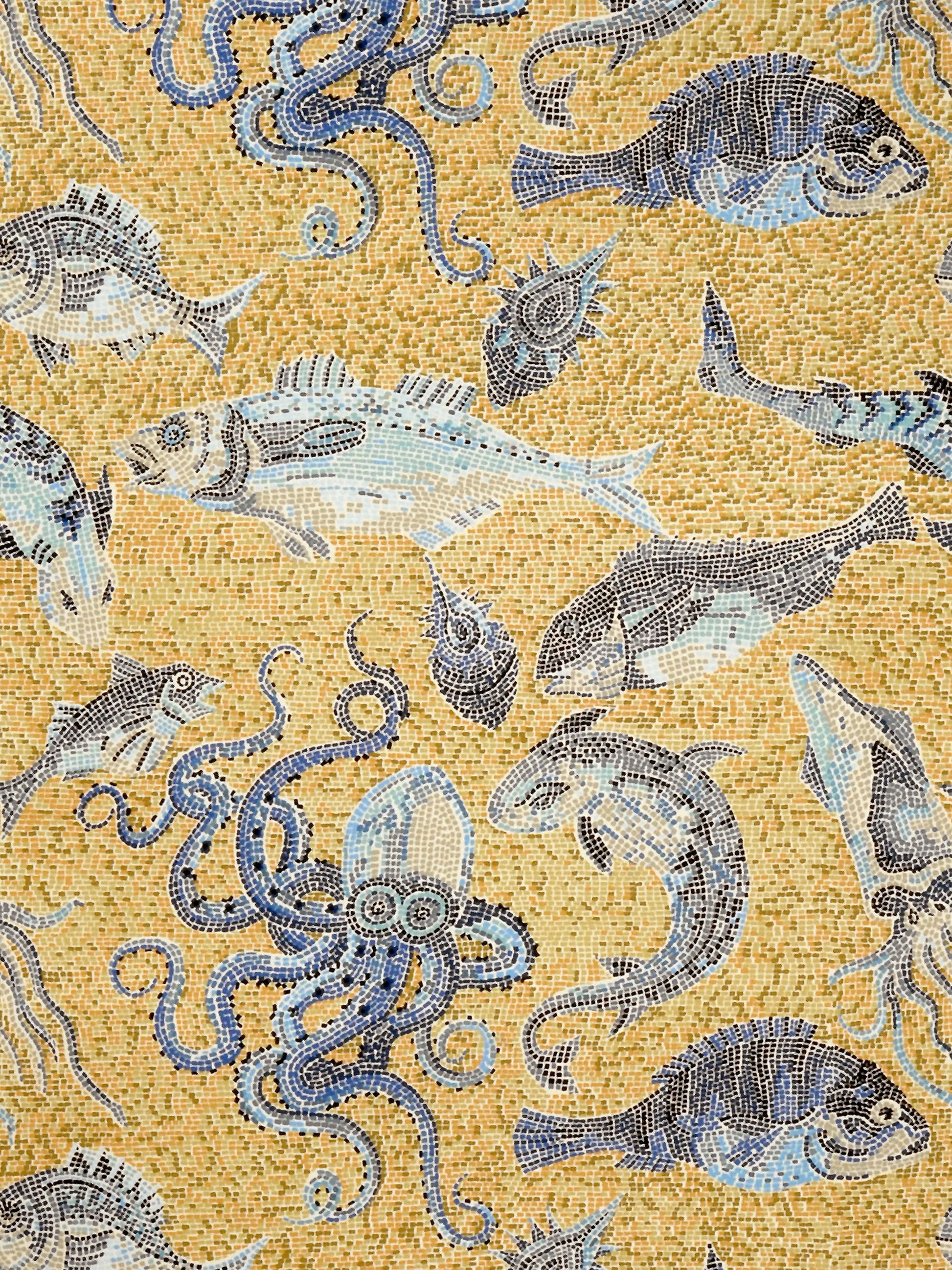 Yellow mosaic tile print with blue marine life (fish, octopus, squid) for nautical textiles or wallpaper.
