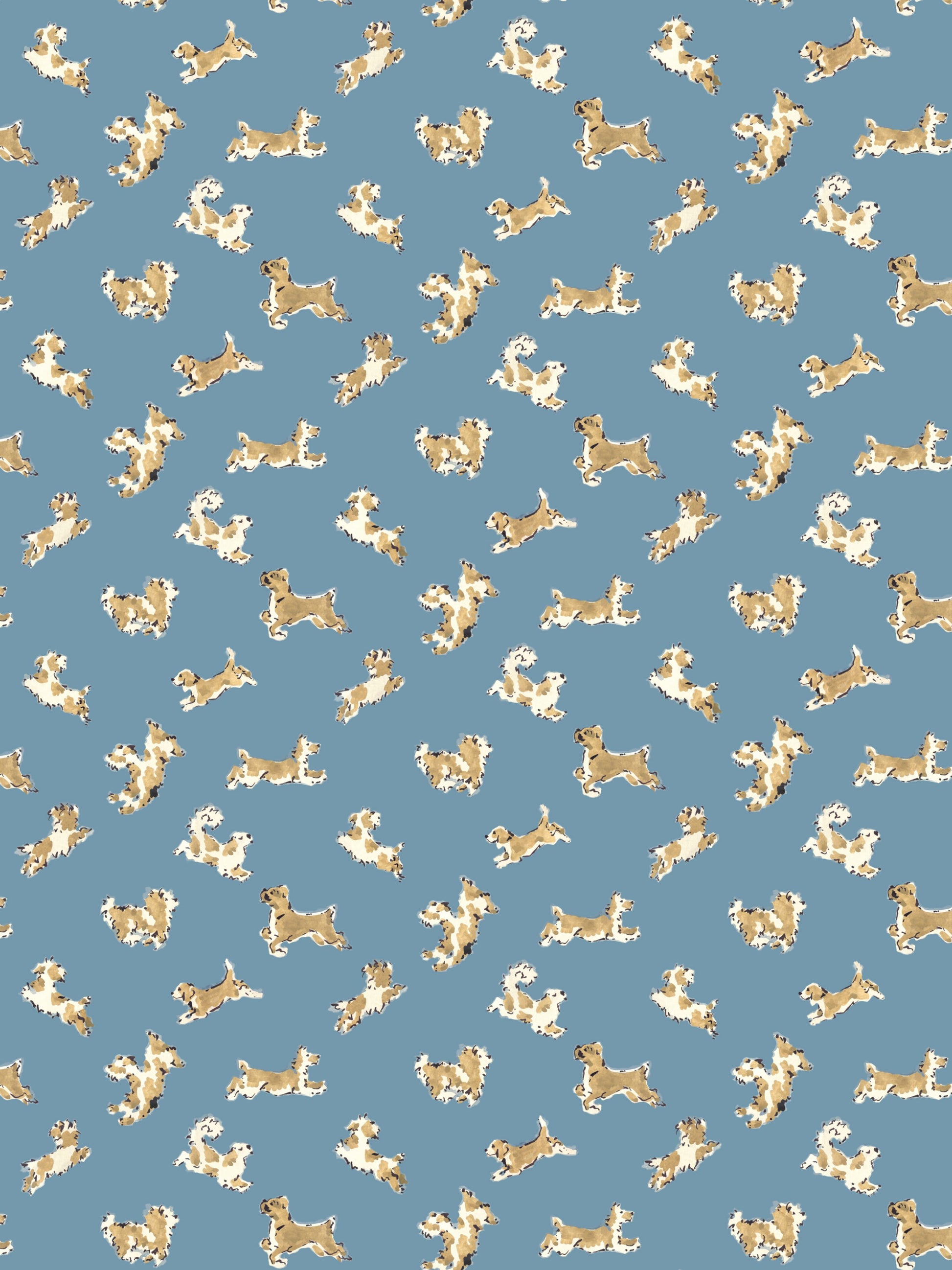 Repeating beige dog silhouettes on a muted blue background; playful fabric/wallpaper pattern.