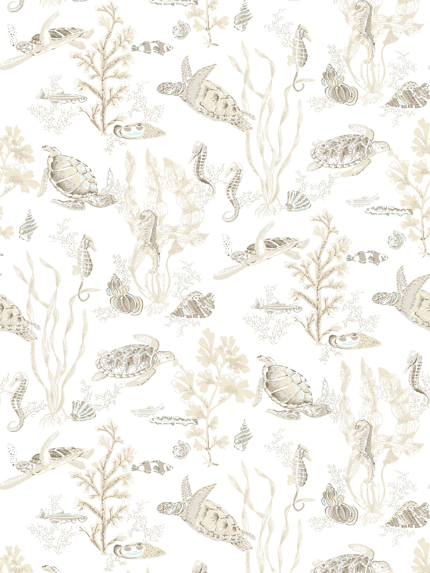 Beige marine life pattern with turtles, seahorses, fish and coral on a soft neutral background for wallpaper or fabric.