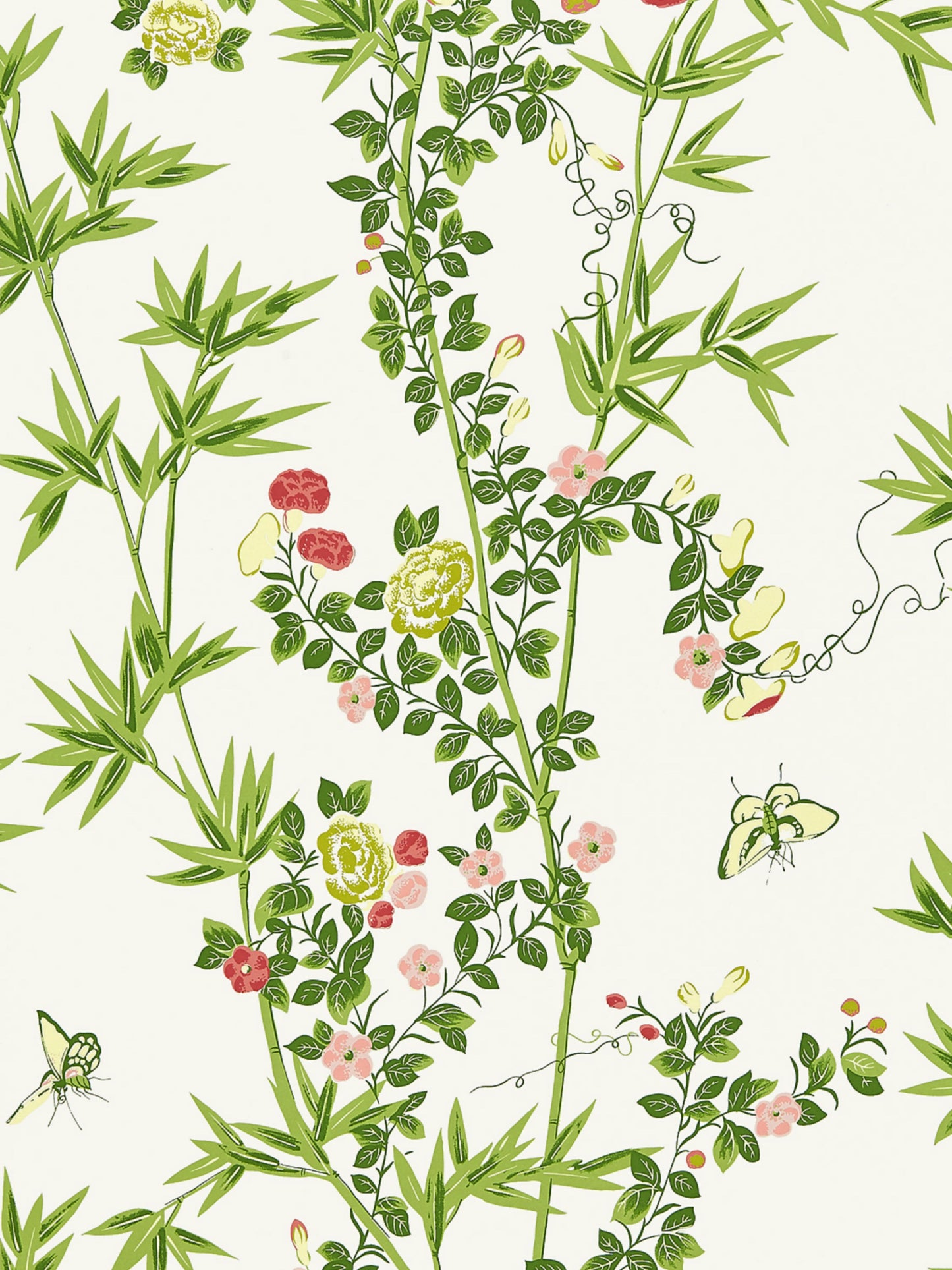 Floral botanical wallpaper pattern with green bamboo stalks, twisting vines and pink, yellow blossoms on cream background.