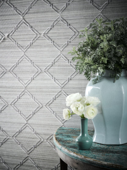 SCALAMANDRE  MONROE EMBROIDERED GRASSCLOTH DIAMOND , OGEE GLACIER   - SC 0001WP88383 NEW SKU # SCWP883830001