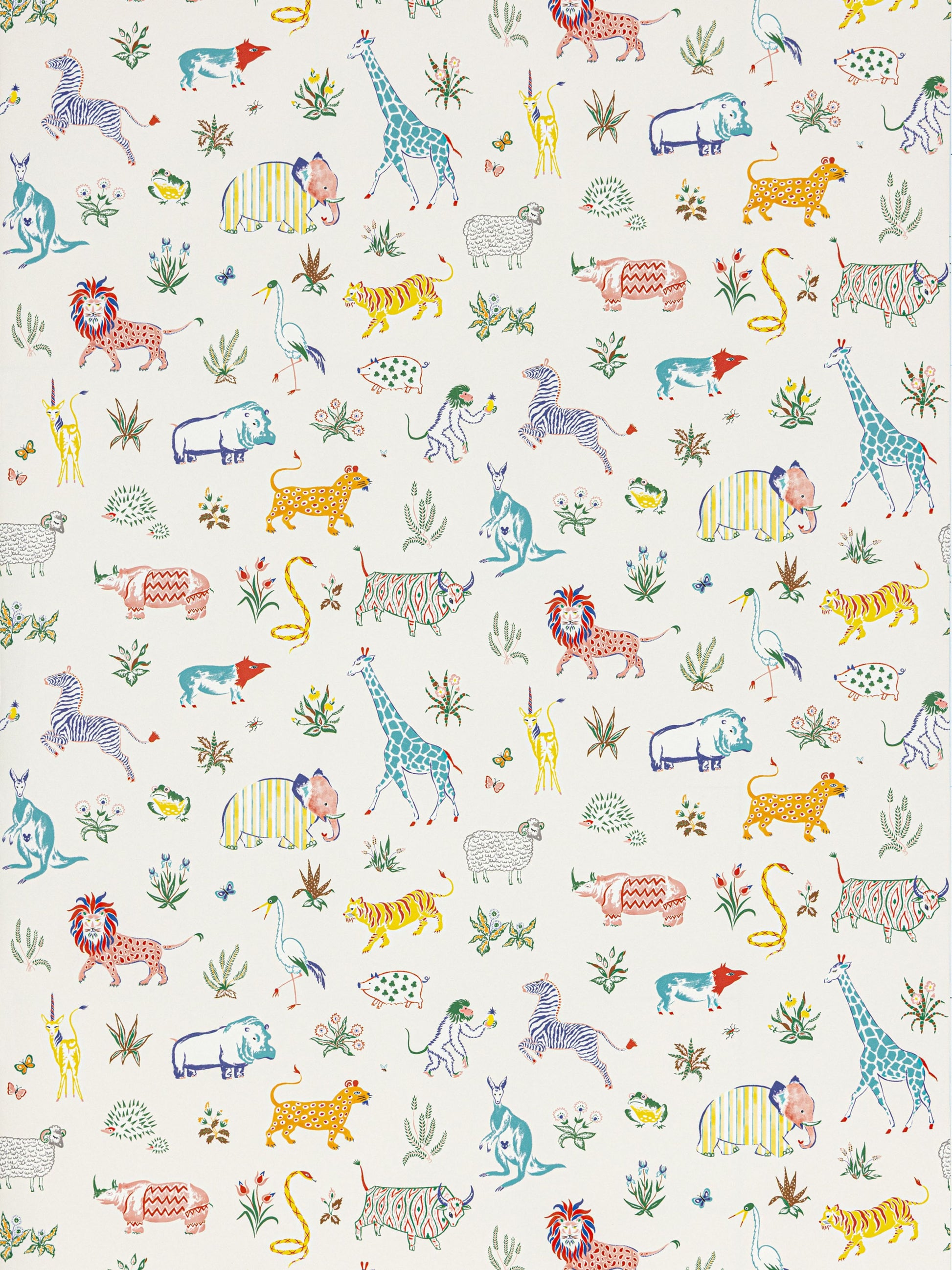 Colorful safari animal pattern with giraffes, lions, elephants and zebras on a light cream background; playful fabric print.