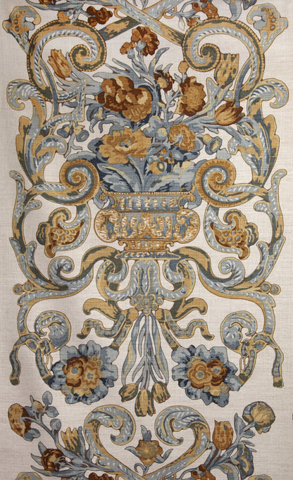 Ornate blue & gold damask floral rug runner with scrollwork and urn motif on beige background.