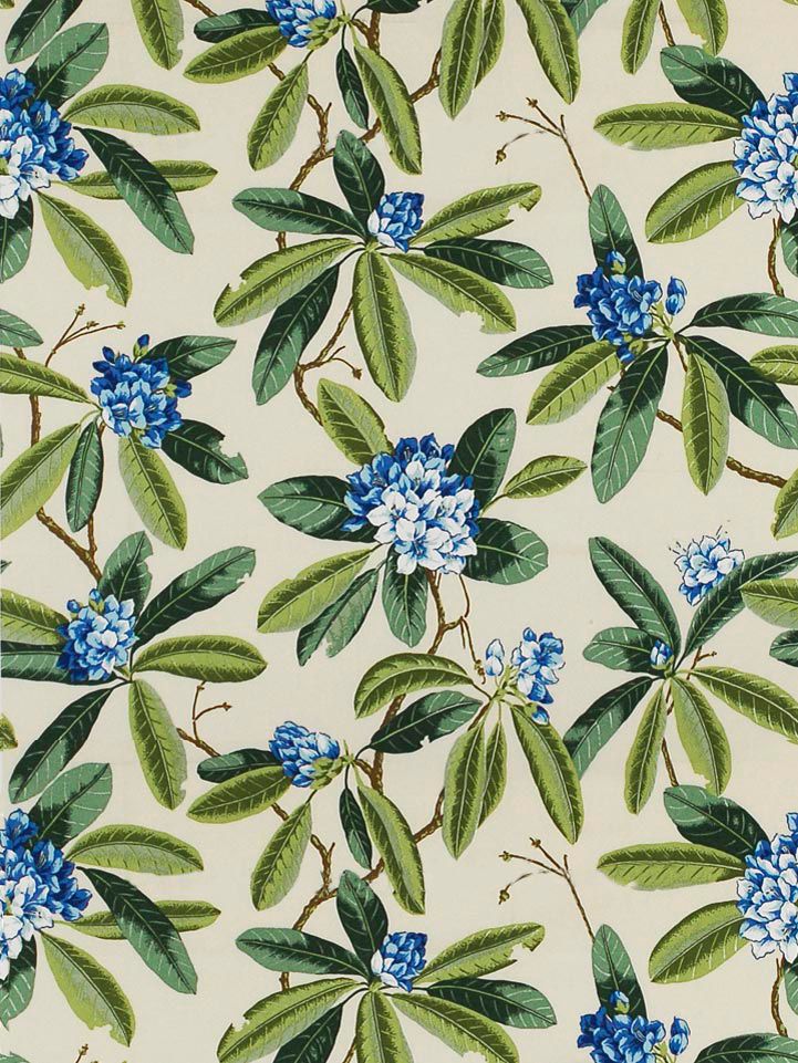 SCALAMANDRE OUTLET  FABRIC RHODODENDRON - OUTDOOR  FABRIC BLUES , GREENS ON IVORY   - SC 000216454