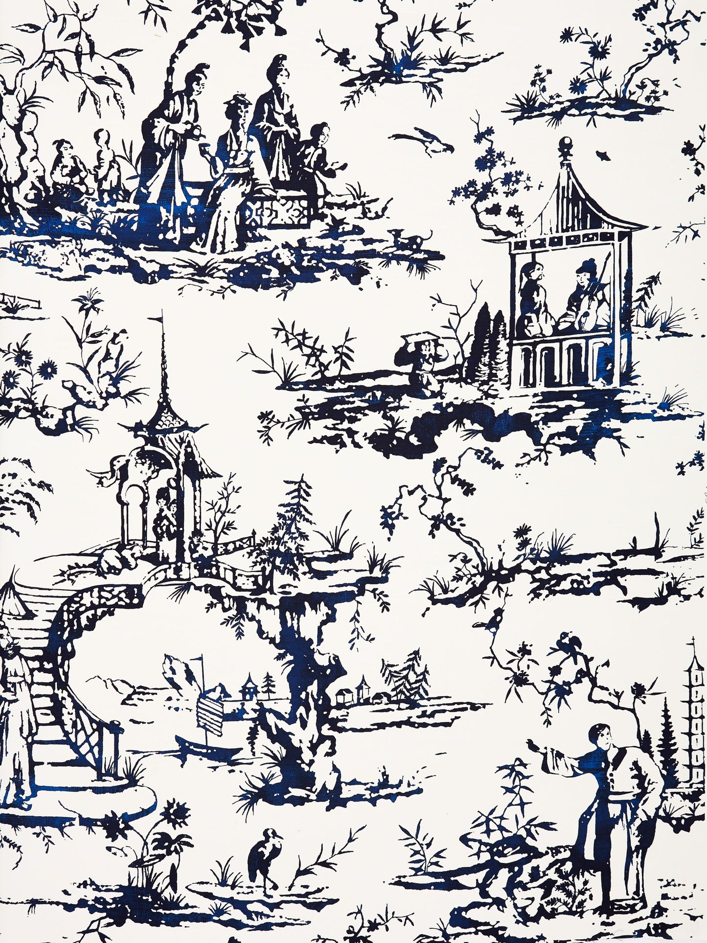 Blue and white toile pattern with pagoda pavilions, bridges, trees, and people strolling in a garden scene.