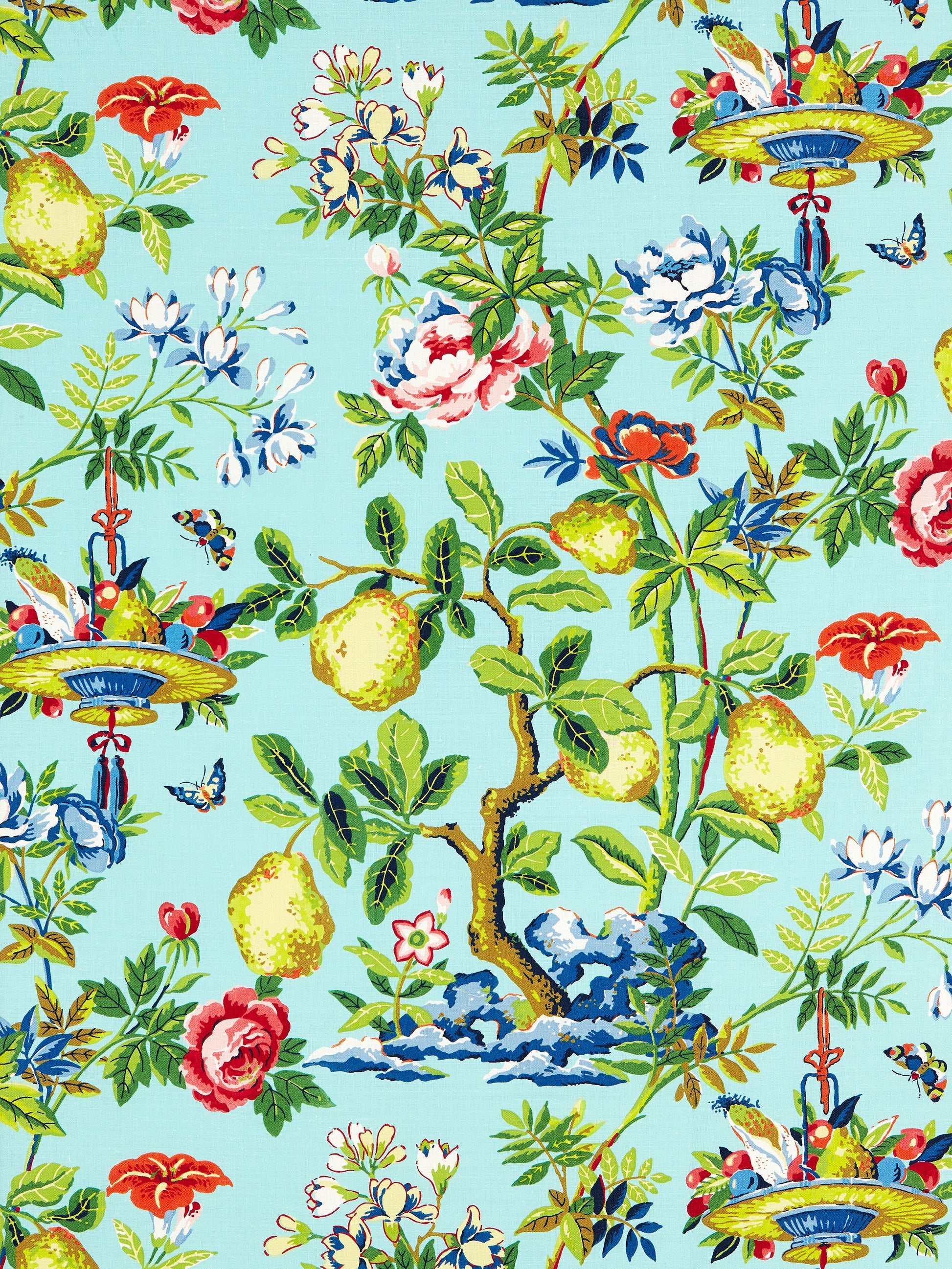 SCALAMANDRE  SHANTUNG GARDEN COTTON PRINT FABRIC AQUAMARINE   - SC 000216583