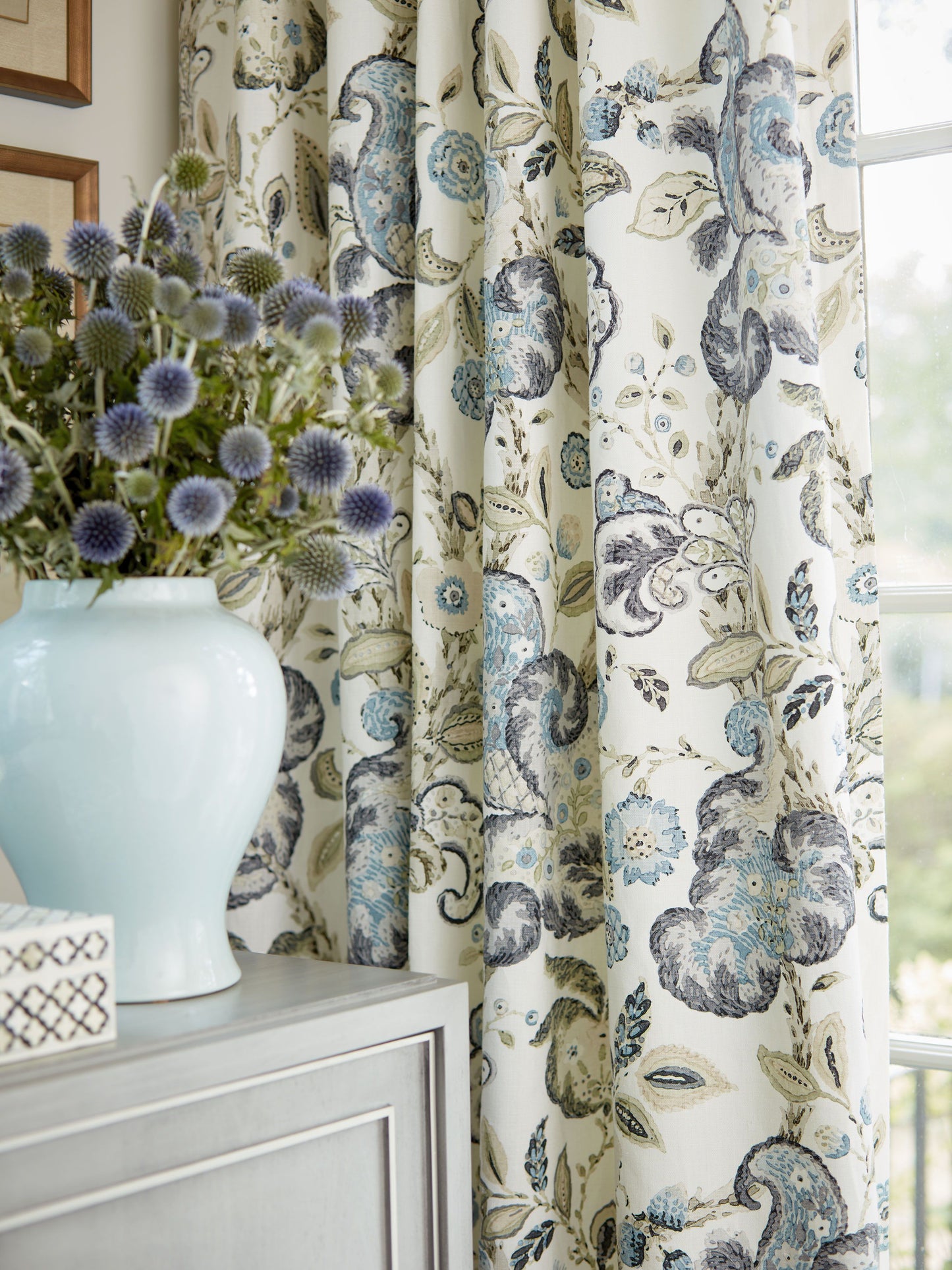 SCALAMANDRE  CUMBRIA HAND BLOCK PRINT FABRIC SMOKE ON IVORY   - SC 000216603 NEW SKU # SC166030002