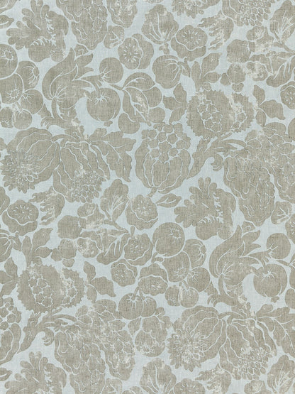Beige floral damask on pale blue linen-textured fabric; upholstery textile.