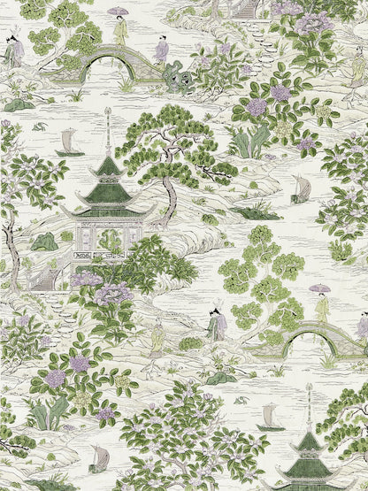 Asian garden pattern with pagodas, arched bridges, boats, green trees and purple blossoms; ideal for wallpaper or fabric.