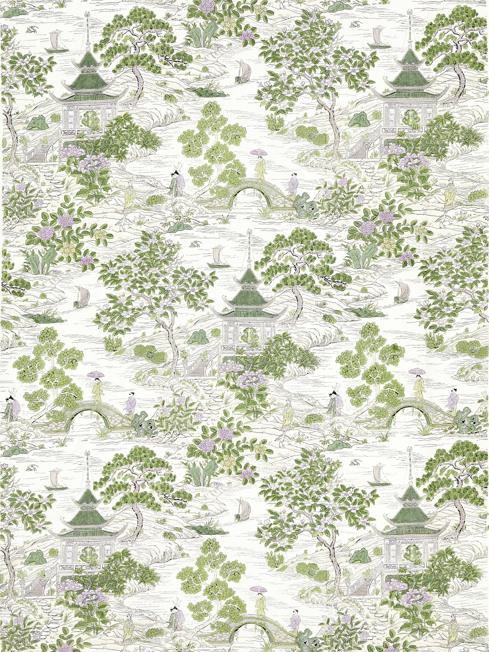Intricate Asian garden wallpaper with pagodas, arched bridges, boats, and lush green trees with lavender blossoms.