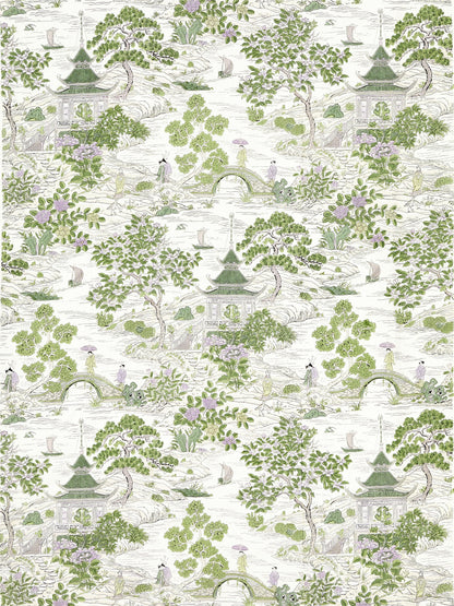 Intricate Asian garden wallpaper with pagodas, arched bridges, boats, and lush green trees with lavender blossoms.
