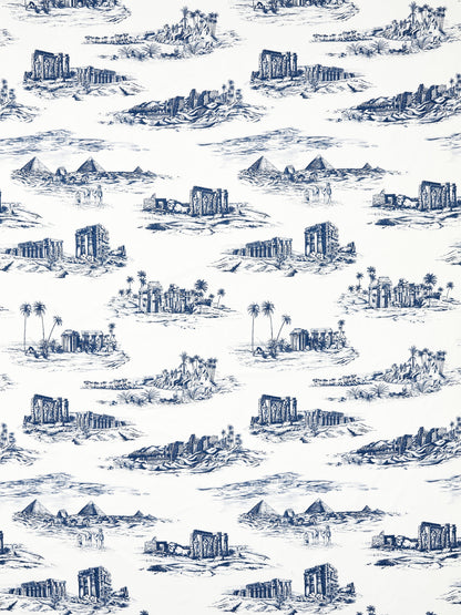 Blue toile-style print of pyramids, temples, ruins, and palm trees on white with repeating island scenes.