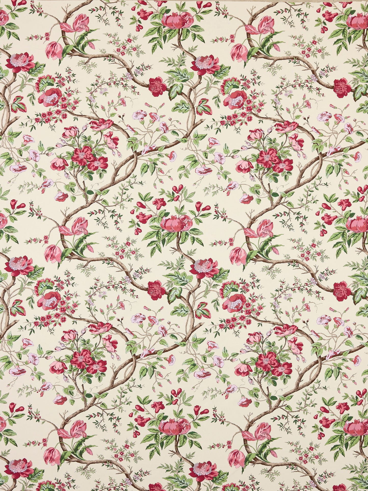 Cream floral print fabric with twisting brown vines, pink & red roses, green leaves in a vintage botanical motif.