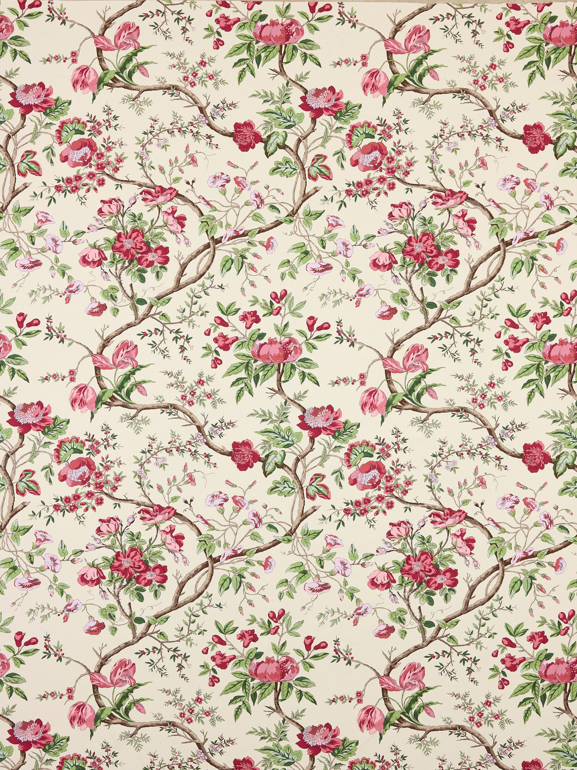 Cream floral print fabric with twisting brown vines, pink & red roses, green leaves in a vintage botanical motif.