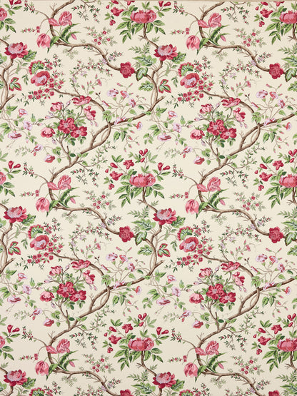 Cream floral print fabric with twisting brown vines, pink & red roses, green leaves in a vintage botanical motif.