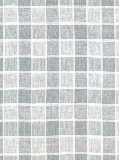 Gray-blue and white grid check fabric with a linen texture, square pattern for tablecloths or napkins.