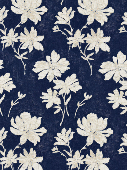 Ivory floral pattern on navy background; classic botanical print for upholstery or wallpaper.
