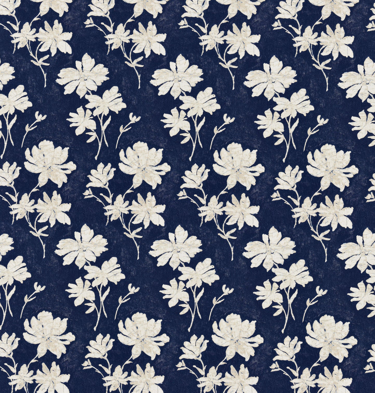 Navy blue fabric with cream floral print; ivory flowers with slender stems in a repeating motif.