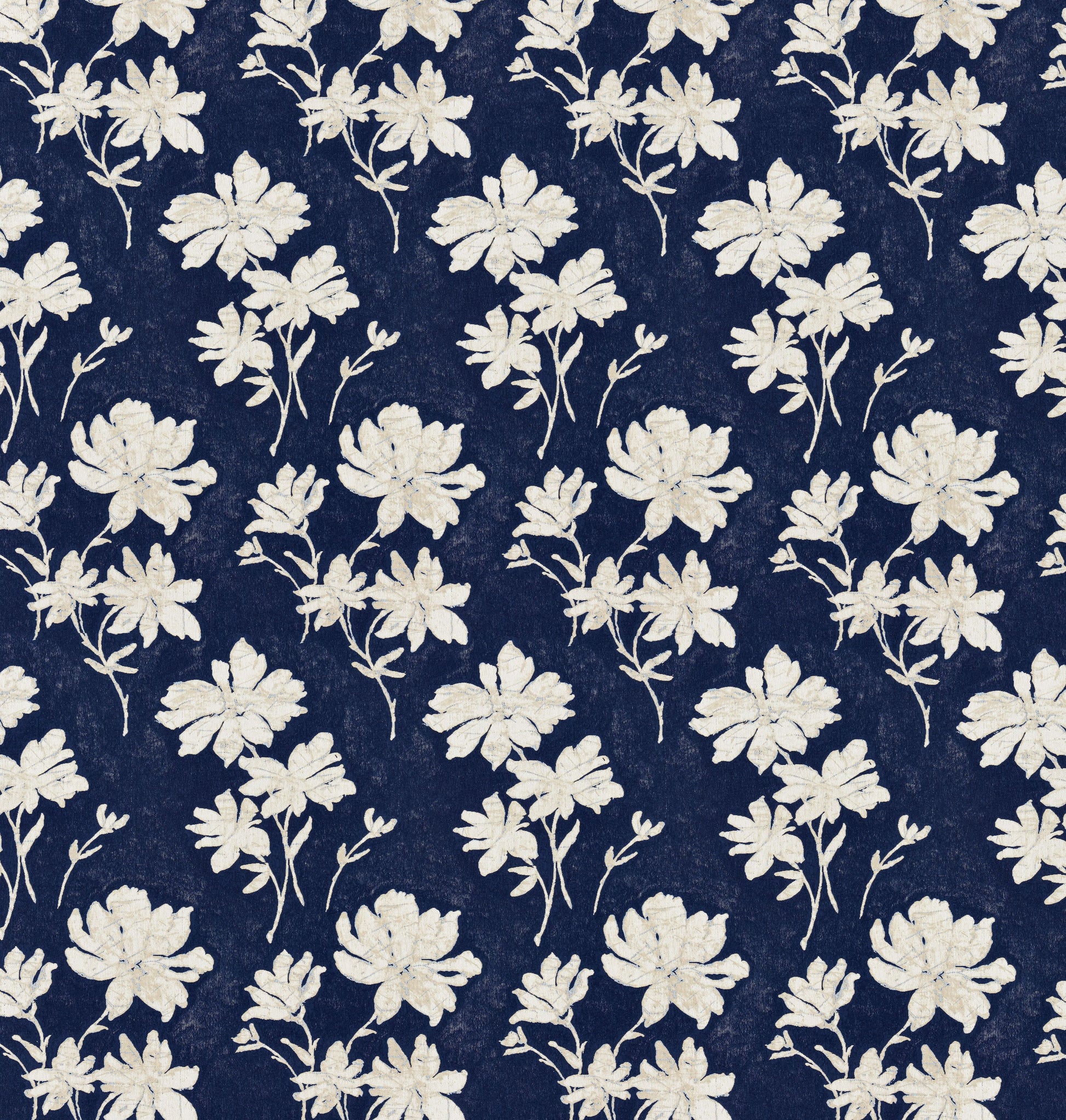 Navy blue fabric with cream floral print; ivory flowers with slender stems in a repeating motif.
