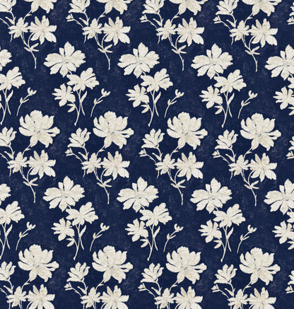 Navy blue fabric with cream floral print; ivory flowers with slender stems in a repeating motif.