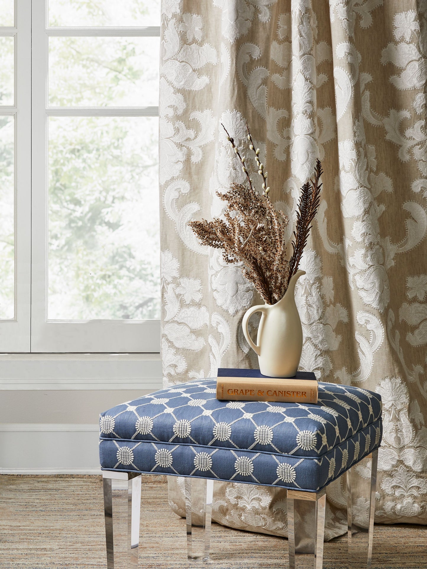 SCALAMANDRE  CORNELIA DAMASK EMBROIDERY FABRIC FLAX   - SC 000227160 NEW SKU # SC271600002