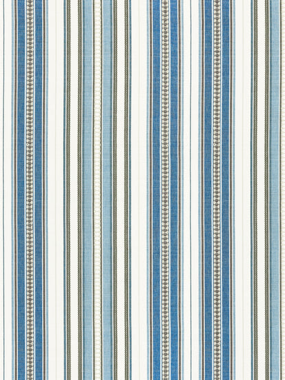 Vertical striped upholstery fabric in blue, white and beige with dotted textured stripes.