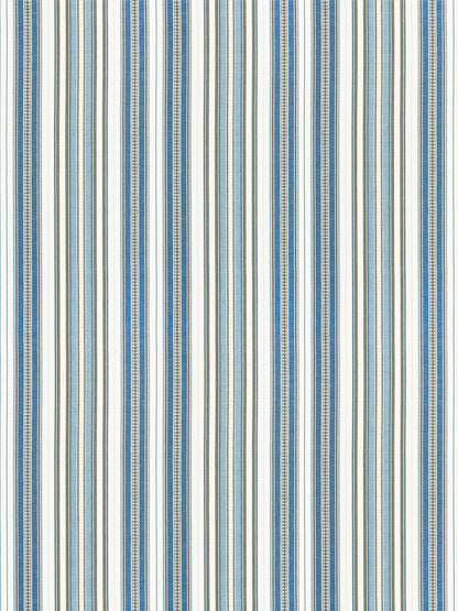 Vertical striped pattern in blue, beige and white tones with alternating thin and medium stripes.
