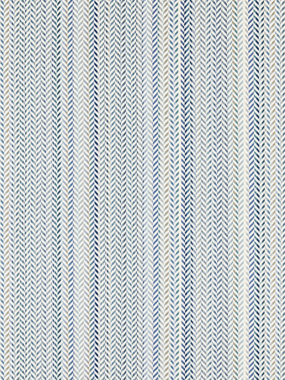 Woven textile with narrow chevron stripes in cream, light blue and navy; versatile upholstery or throw.