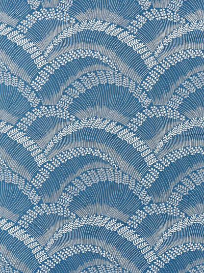Blue embroidery fabric with white fern-like arches forming seigaiha-style waves; decorative textile for upholstery or clothing