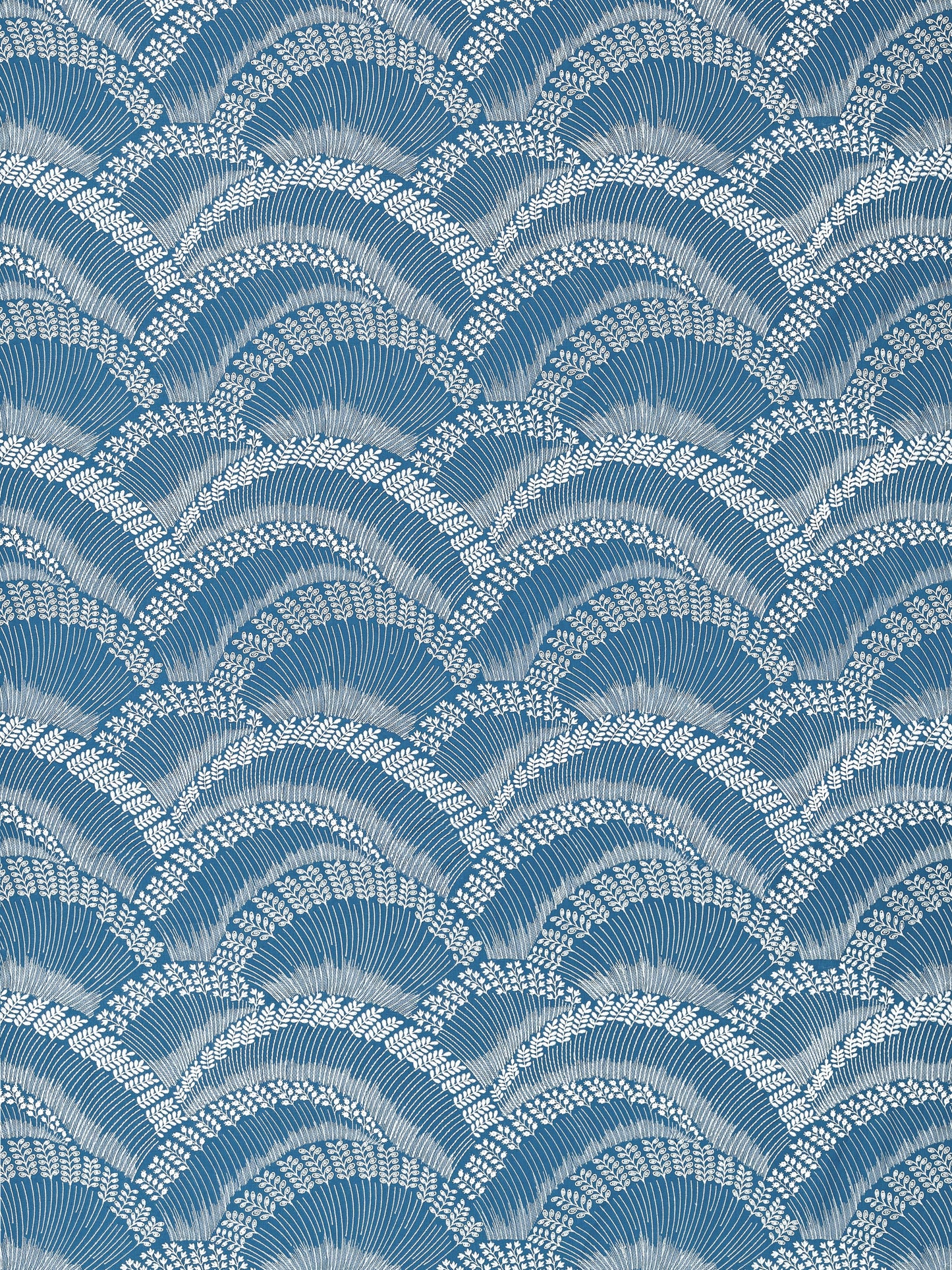 Blue seigaiha wave pattern with white leafy borders; repeating navy and light-blue fan arcs for fabric.