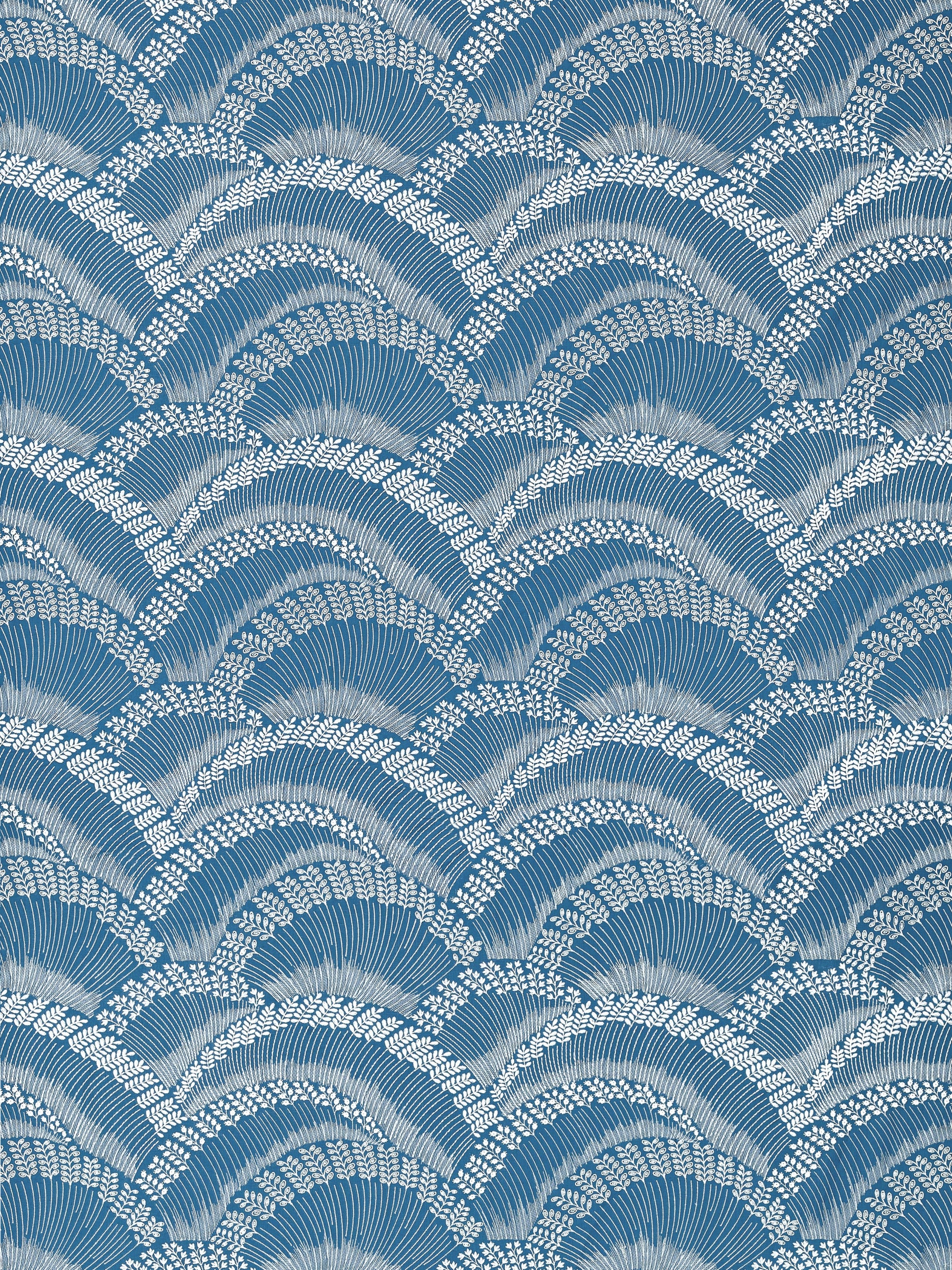 Blue seigaiha wave pattern with white leafy borders; repeating navy and light-blue fan arcs for fabric.