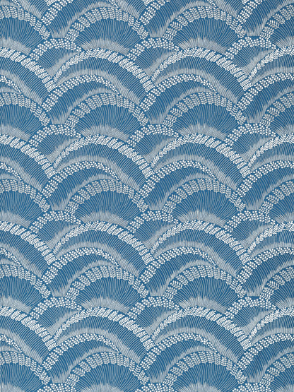Blue seigaiha wave pattern with white leafy borders; repeating navy and light-blue fan arcs for fabric.