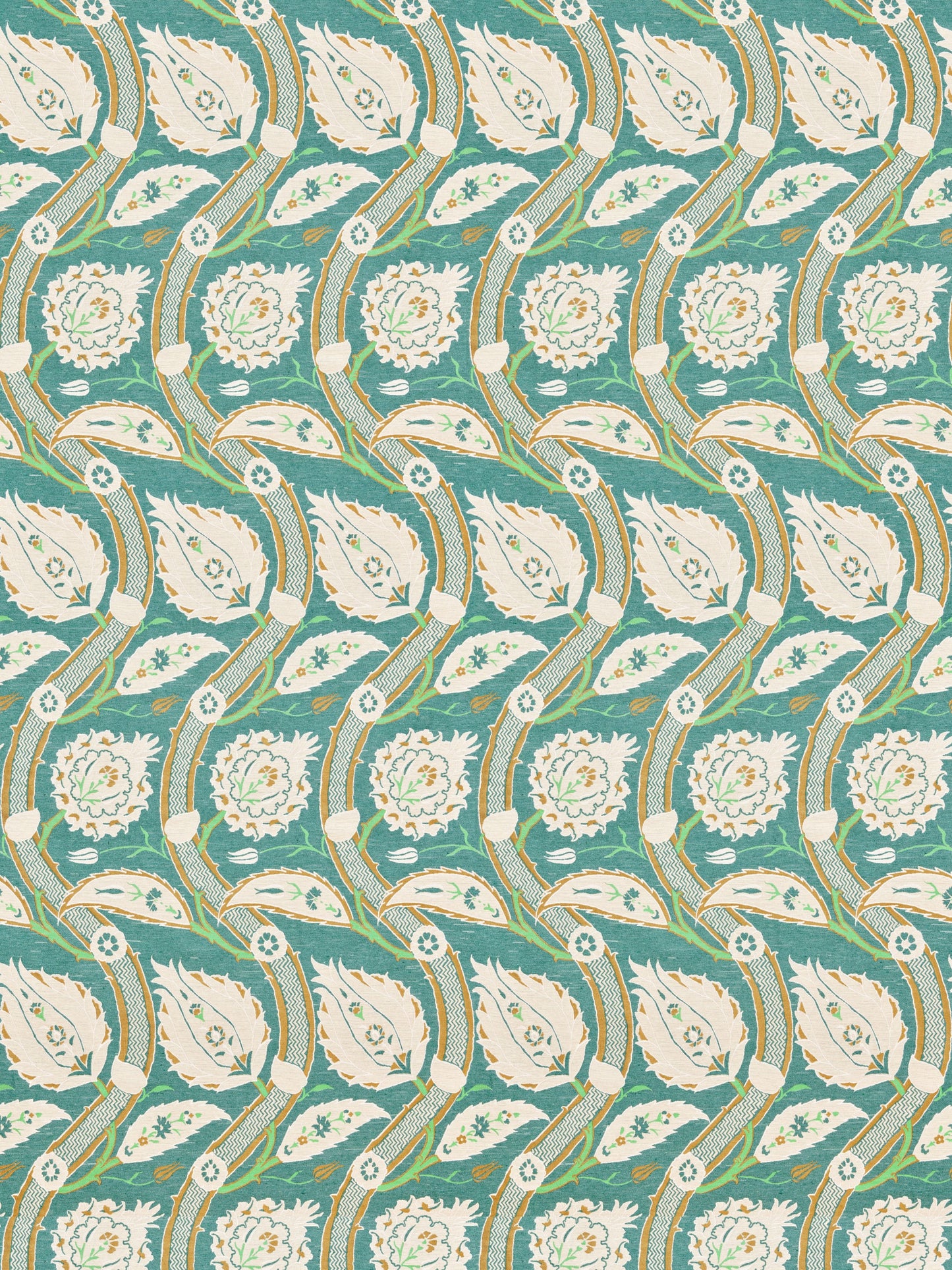 Verdigris woven fabric with cream floral motifs and gold accents in a scrolling Art Nouveau pattern.