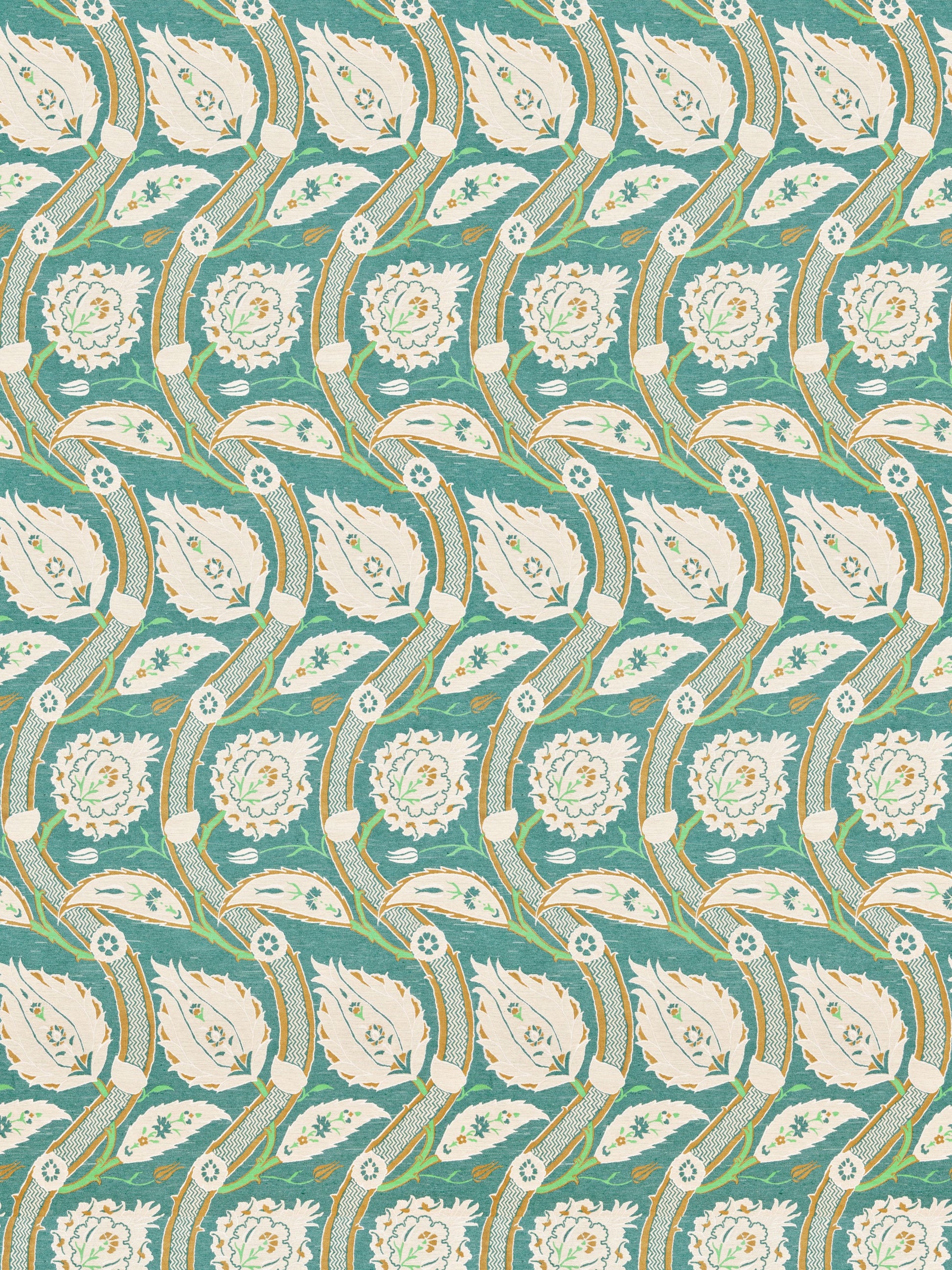Verdigris woven fabric with cream floral motifs and gold accents in a scrolling Art Nouveau pattern.