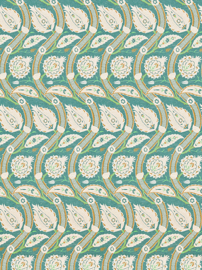 Verdigris woven fabric with cream floral motifs and gold accents in a scrolling Art Nouveau pattern.