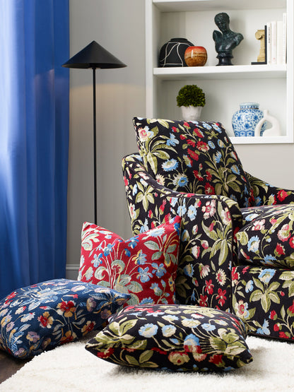 Floral velvet fabric in ruby and cobalt colors.