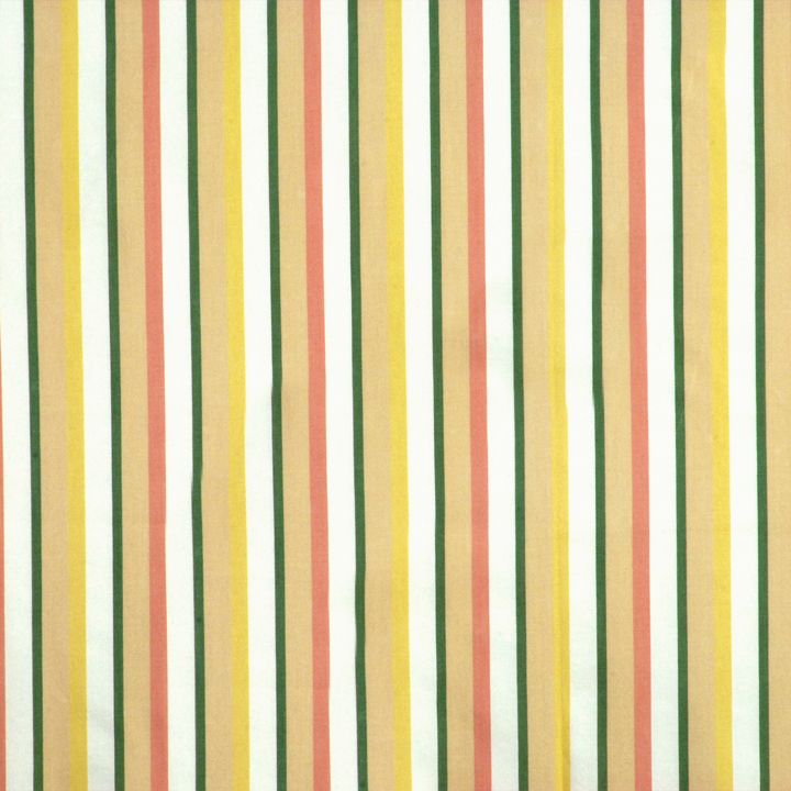 Vertical multicolor striped fabric in tan multi tones (mustard yellow, green, white, coral, beige).