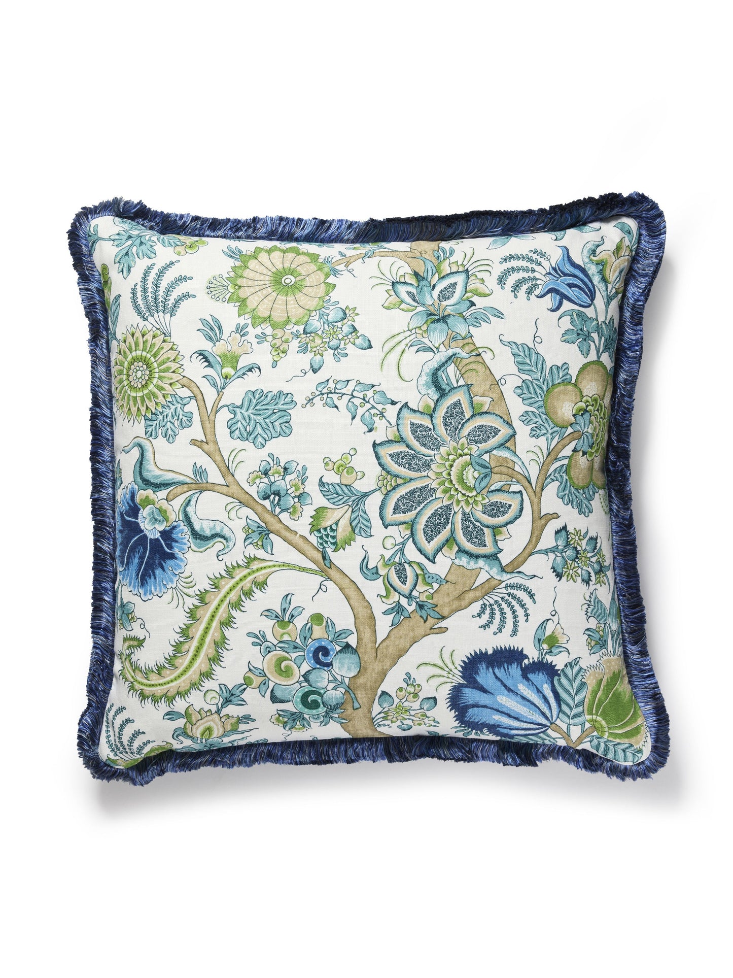 Square decorative throw pillow with blue fringe, teal and green botanical floral pattern on cream background.