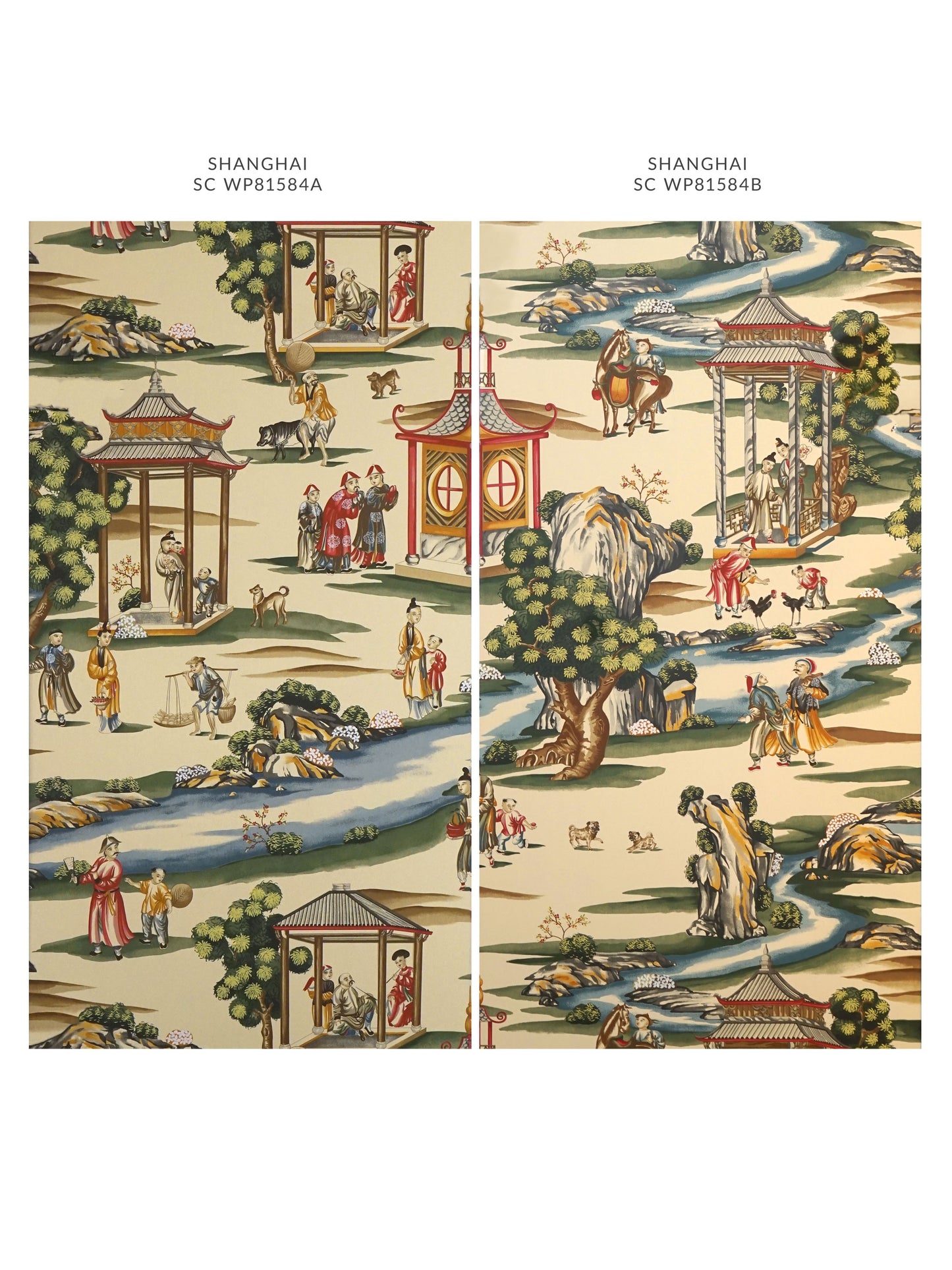 SCALAMANDRE  SHANGHAI BOTANICAL , FOLIAGE 
CHINOISERIE 
SCENIC 
TOILE MULTI ON TEA STAIN - B   - SC 0002WP81584B NEW SKU # SCWP81584B0002