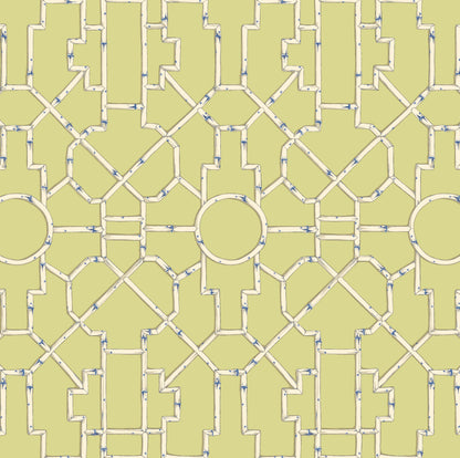 SCALAMANDRE  BALDWIN BAMBOO CHINOISERIE FRETWORK , LATTICE CREAM & BLUE ON LETTUCE   - SC 0002WP81630D NEW SKU # SCWP816300002
