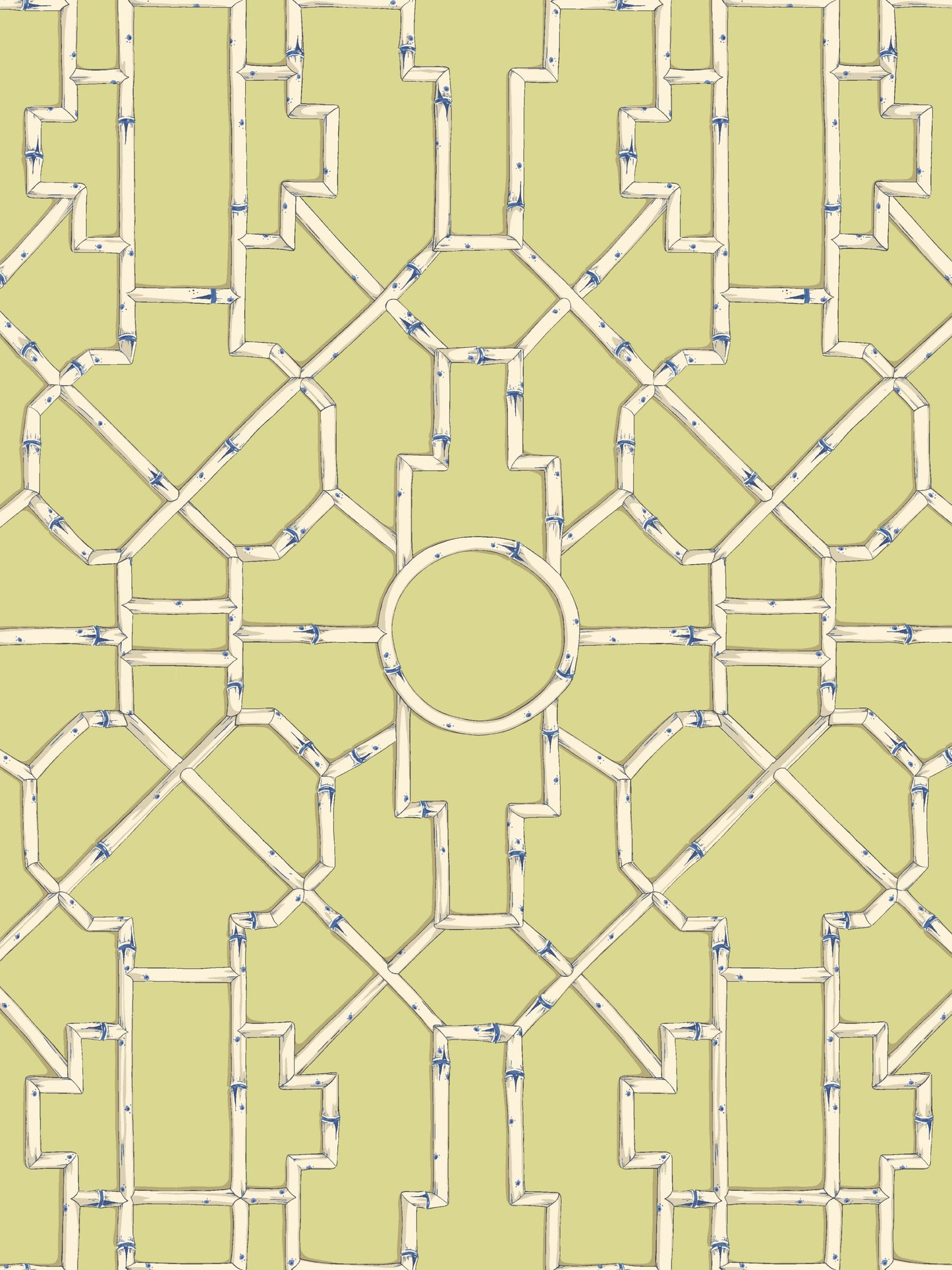 Intricate pale yellow decorative lattice with cream borders and blue specks, featuring a central circular motif.