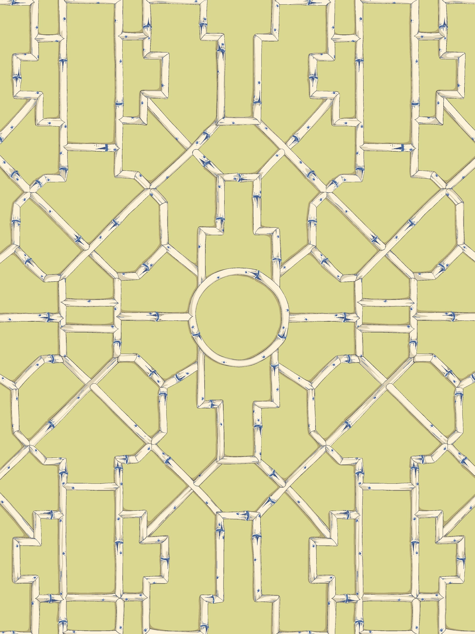 Intricate pale yellow decorative lattice with cream borders and blue specks, featuring a central circular motif.