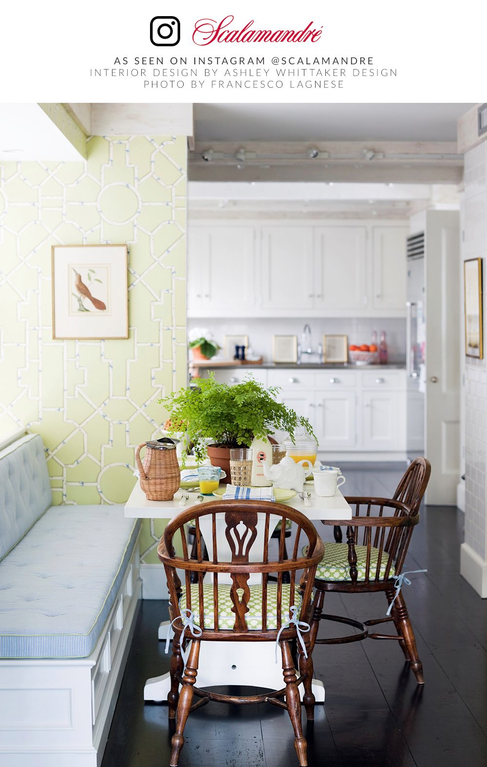 SCALAMANDRE  BALDWIN BAMBOO CHINOISERIE FRETWORK , LATTICE CREAM & BLUE ON LETTUCE   - SC 0002WP81630D NEW SKU # SCWP816300002