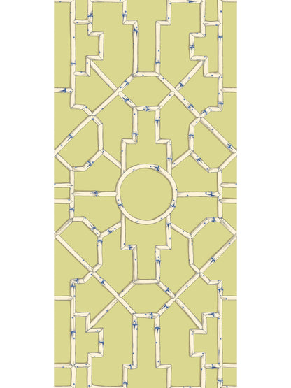 SCALAMANDRE  BALDWIN BAMBOO CHINOISERIE FRETWORK , LATTICE CREAM & BLUE ON LETTUCE   - SC 0002WP81630D NEW SKU # SCWP816300002
