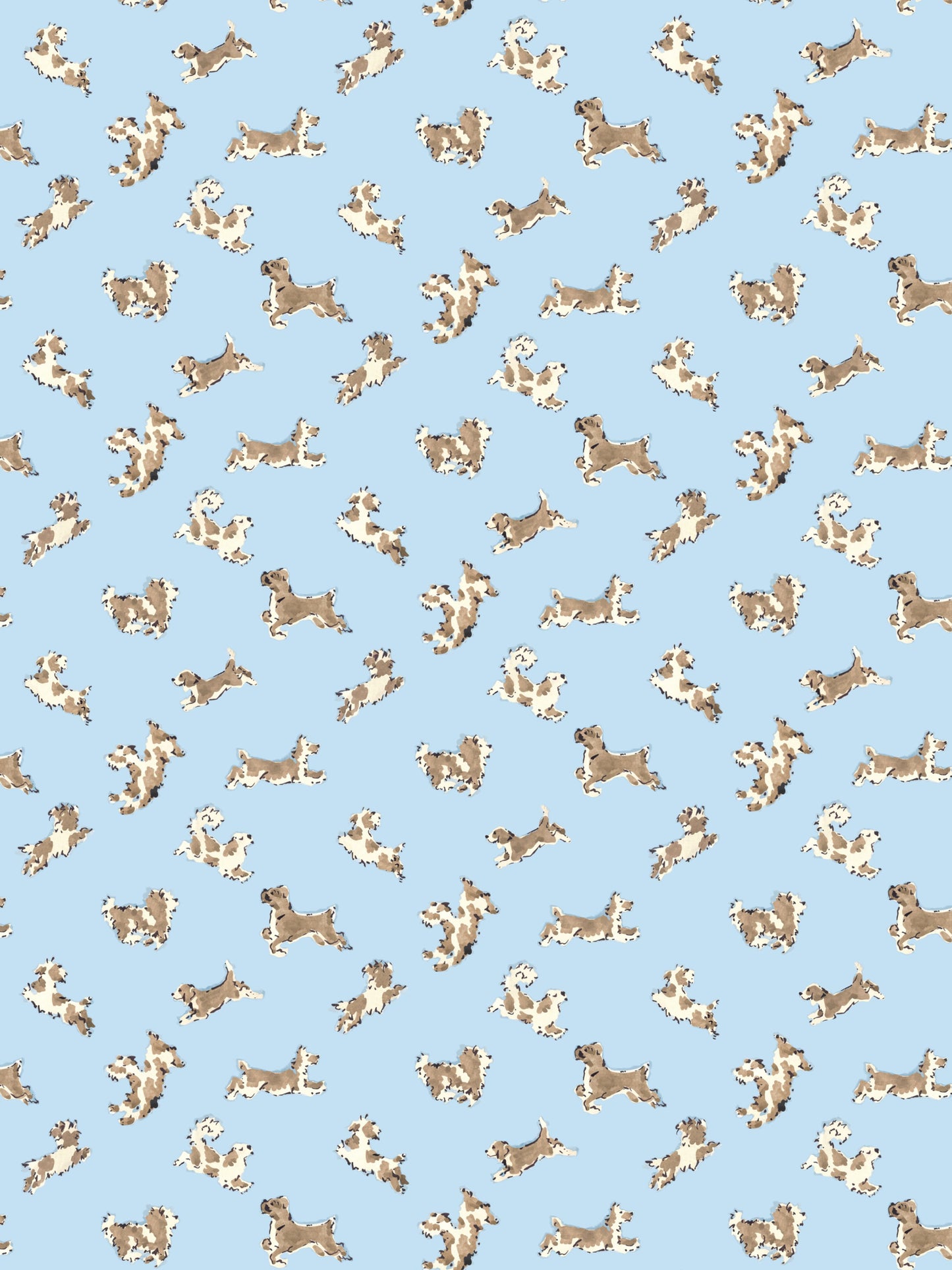 Light blue wallpaper with repeating tan dog silhouettes; playful, pet-themed pattern.