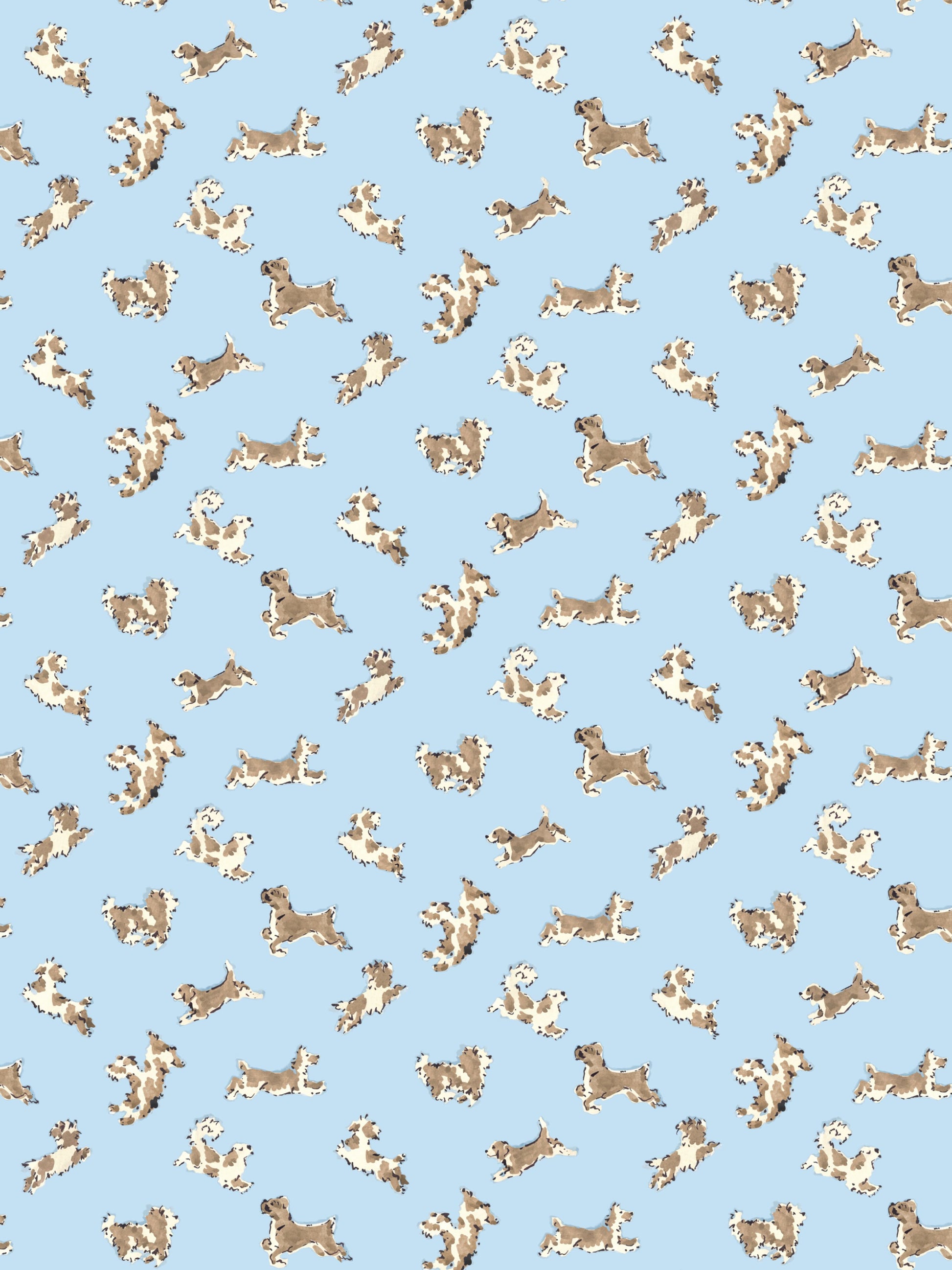 Light blue wallpaper with repeating tan dog silhouettes; playful, pet-themed pattern.
