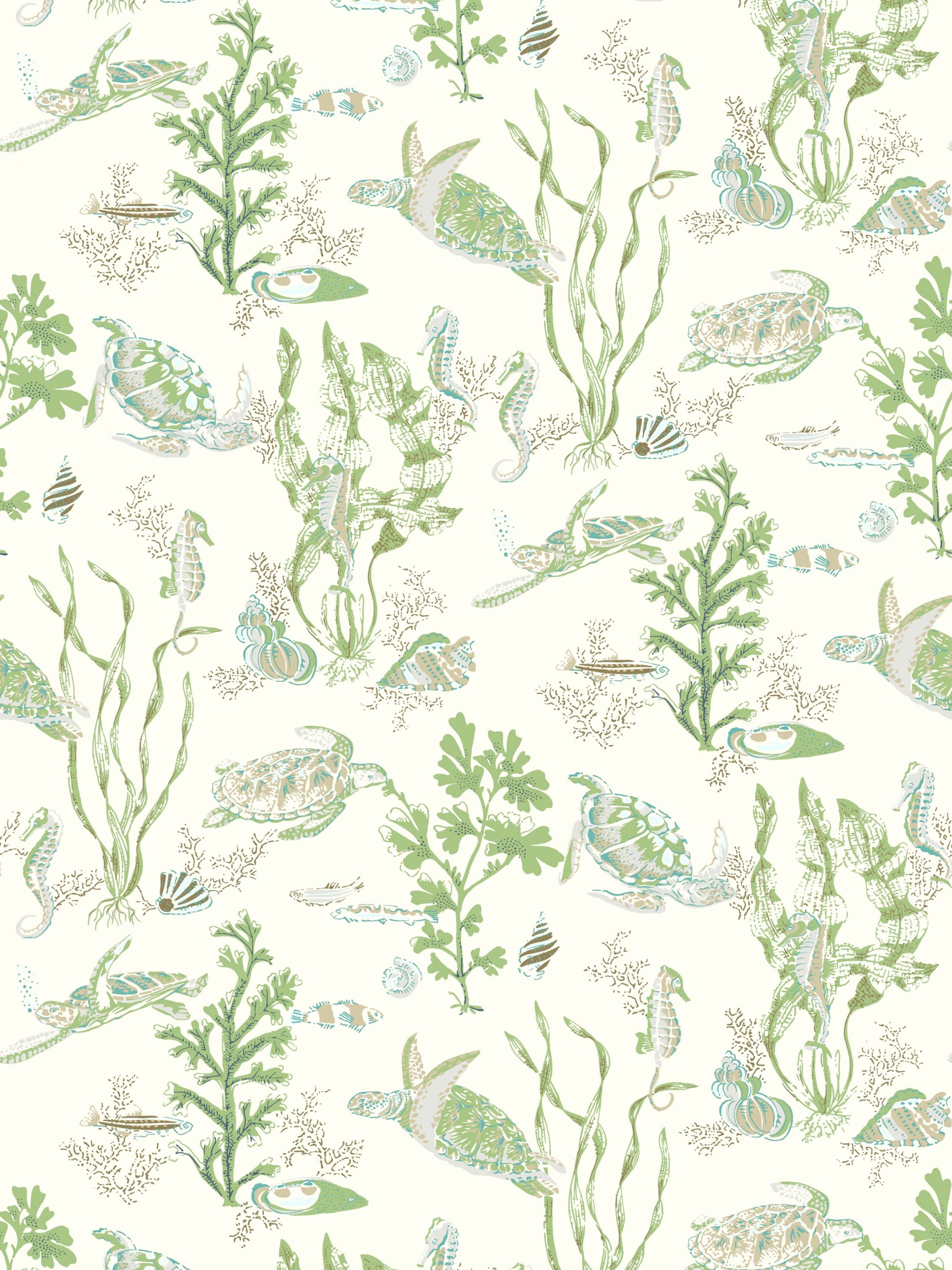 Cream background with pastel green seaweed, turtles, fish & shells in a coastal botanical print for wallpaper/fabric.