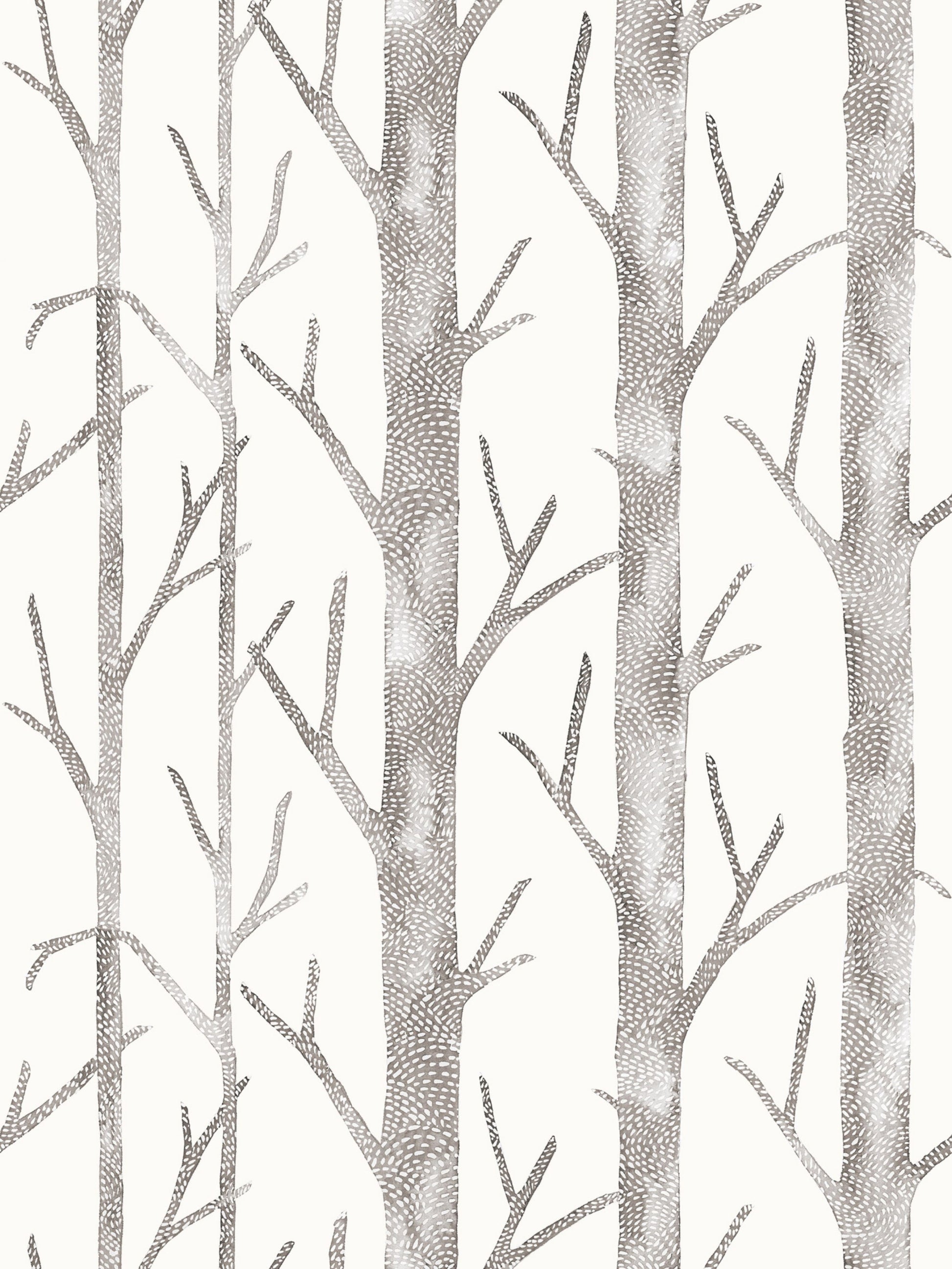 Repeating pattern of gray tree trunks with bare branches on a light background; wallpaper or fabric design.